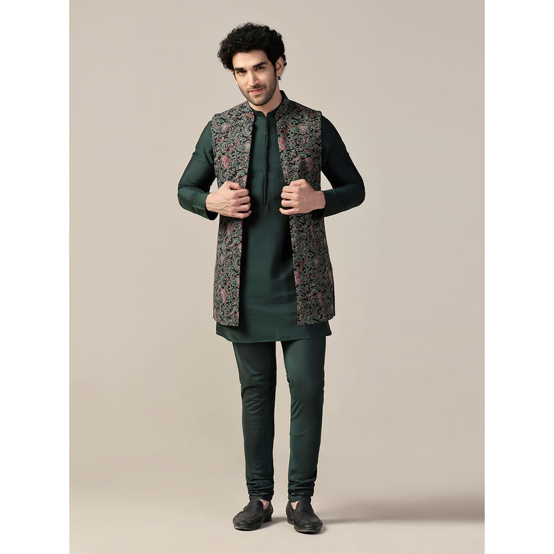 KISAH Men Multi-Color Kurta and Printed Nehru Jacket with Churidar (Set of 3) (L)