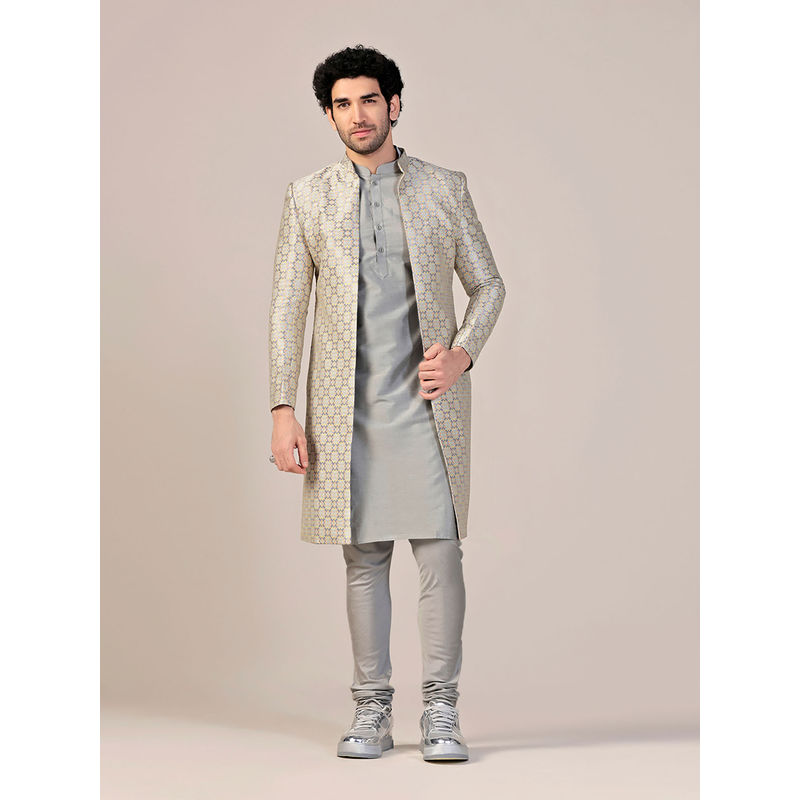 KISAH Men Grey Kurta and Sherwani with Churidar (Set of 3) (L)