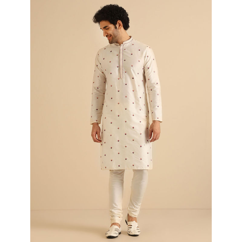 KISAH Men Off White Kurta and Churidar (Set of 2) (S)