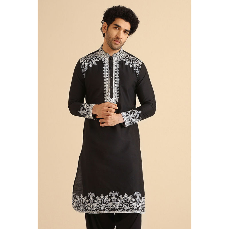 KISAH Men Black Thread Embroidery Cotton Blend Kurta with Zari Design (XL)