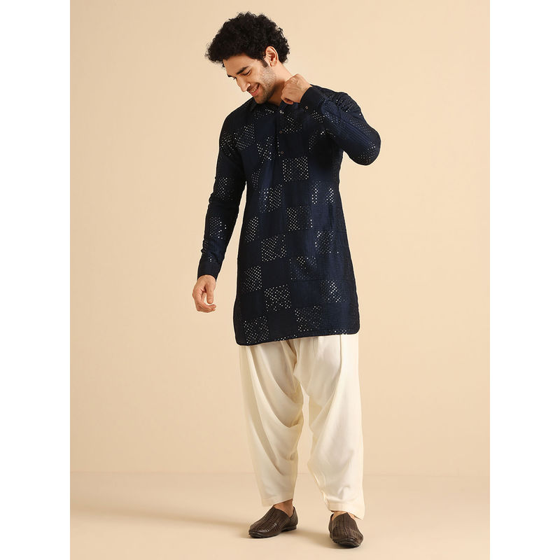 KISAH Men Navy Blue Kurta and Patiala (Set of 2) (M)