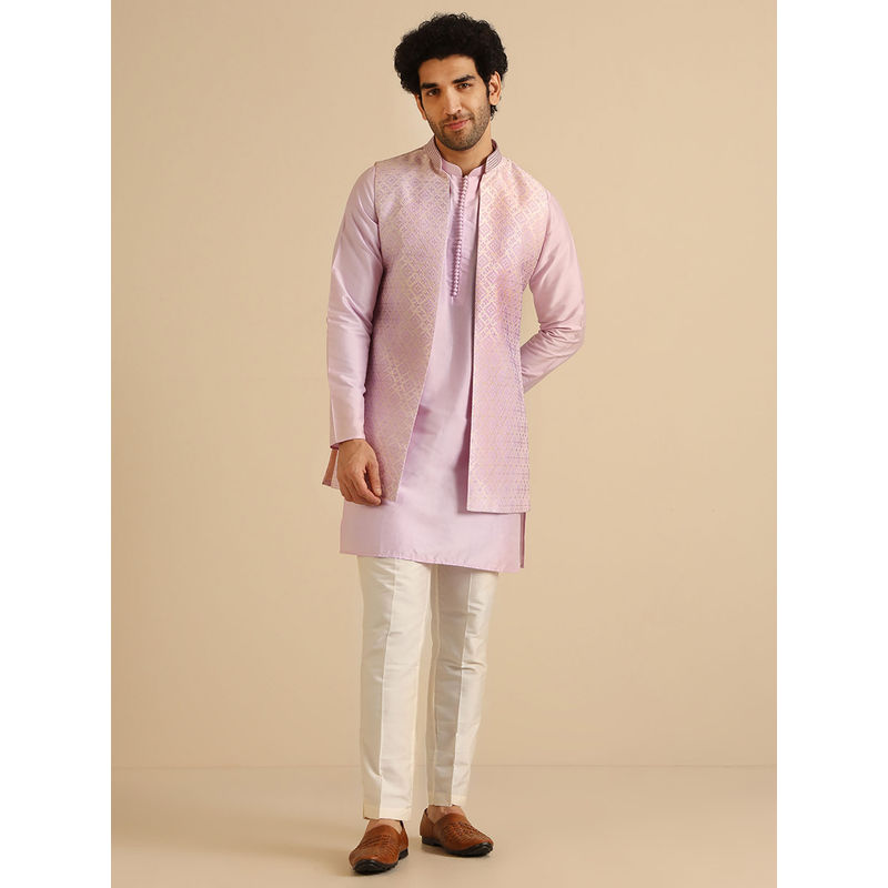 KISAH Men Lilac Textured Silk Blend Jacquard Kurta Jacket Trouser Set with Zari Design (M)
