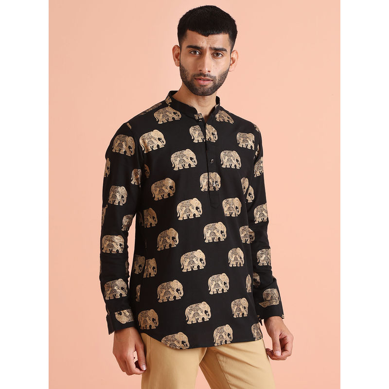 KISAH Men Black Short Kurta (L)