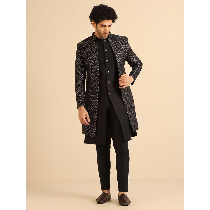 KISAH Men Black Jacket and Sherwani with Pant (Set of 3) (M)