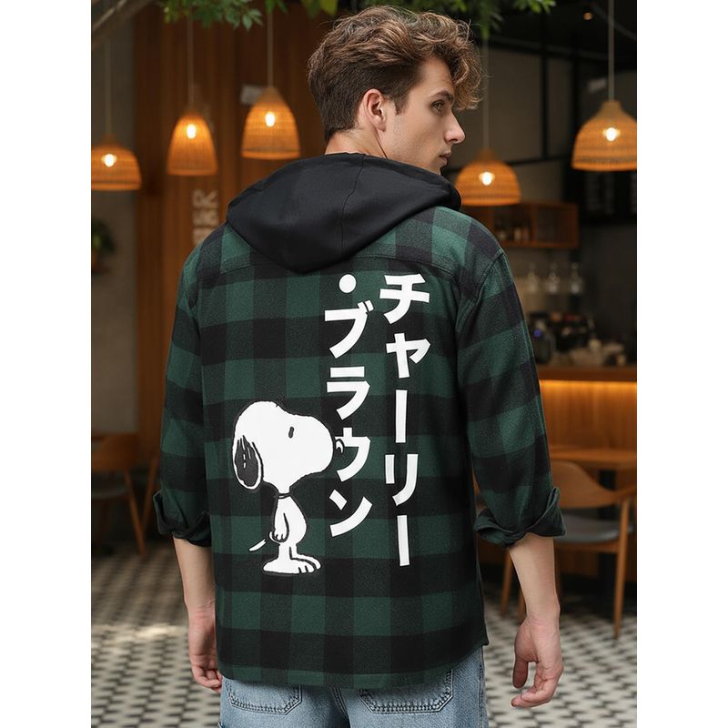 Bewakoof Men'S Green Snoopy Checked Oversized Hooded Shirt (L)