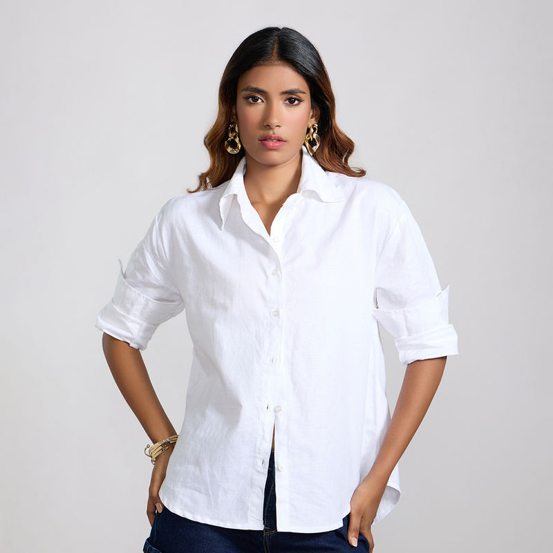 MIXT by Nykaa Fashion White Solid Oversized Full Sleeves Linen Shirt (XS)