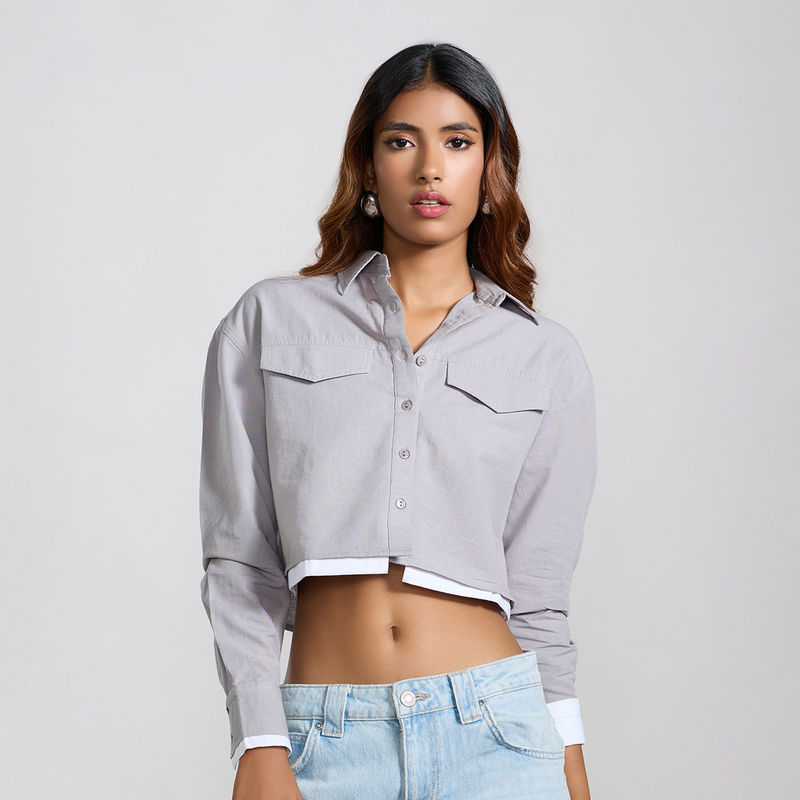 MIXT by Nykaa Fashion Grey Solid Flap Pockets Full Sleeves Shirt (M)