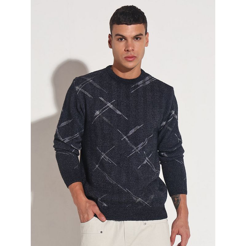 SHOWOFF Men Navy Blue Crew Neck Abstract Slim Fit Sweater (S)