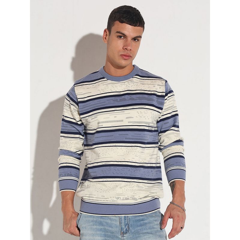 SHOWOFF Men Blue Crew Neck Stripes Regular Fit Sweater (S)