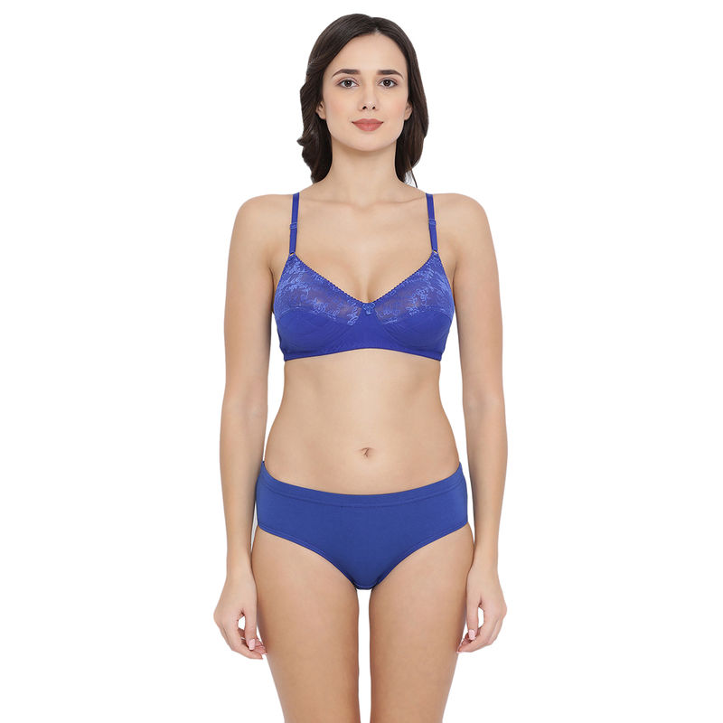 Clovia Cotton & Lace Non-Padded Non-Wired Bra & Mid Waist Hipster Panty - Blue (40B)