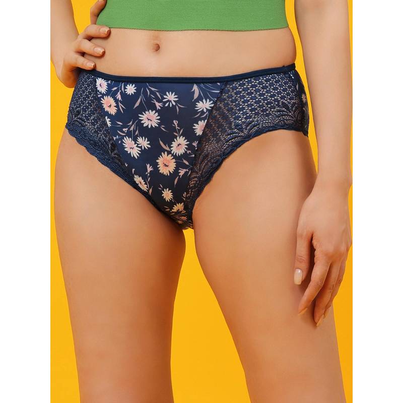 Clovia Mid Waist Floral Hipster in Navy - Navy Blue (S)