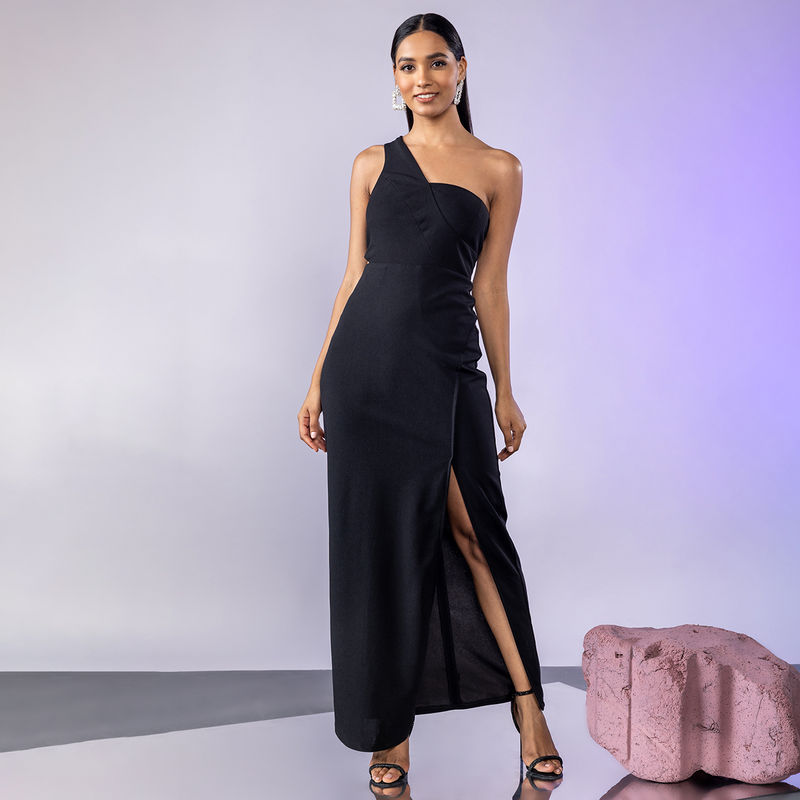 Twenty Dresses by Nykaa Fashion Black One Shoulder Cut Out Gown (L)
