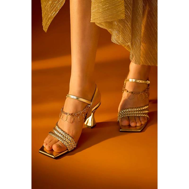 Sana K Luxurious Footwear Gold Coin Synthetic Braided Strap Heel (EURO 35)