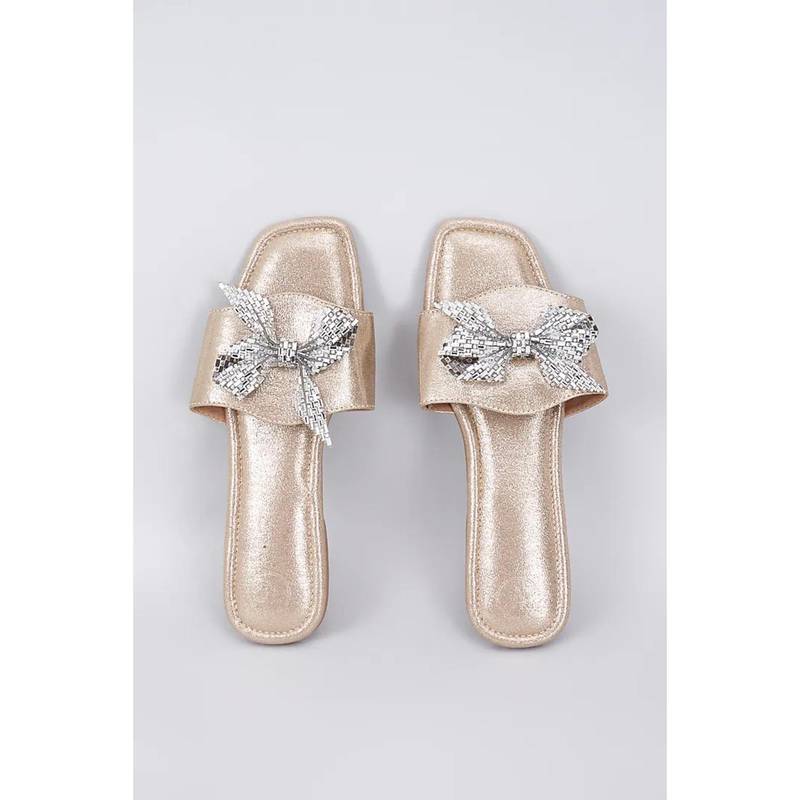 Sana K Luxurious Footwear Gold Synthetic and Vegan Crystal Bow Embellished Flats (EURO 36)