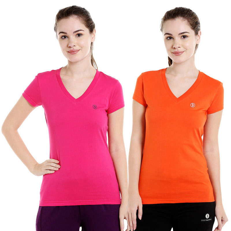 Bodyactive Multi Color T-shirt for Women - TS14-DPORGRA-2PCS-S