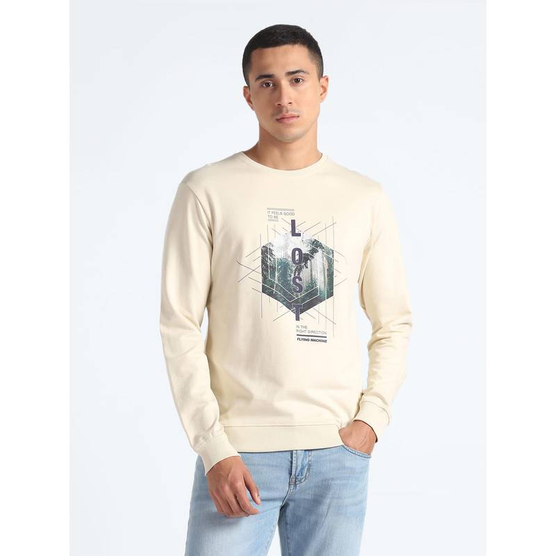 Flying Machine Graphic Print Cotton Beige Sweatshirt (S)