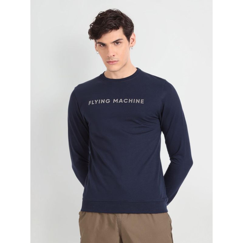 Flying Machine Long Sleeve Brand Print Navy Blue Sweatshirt (2XL)