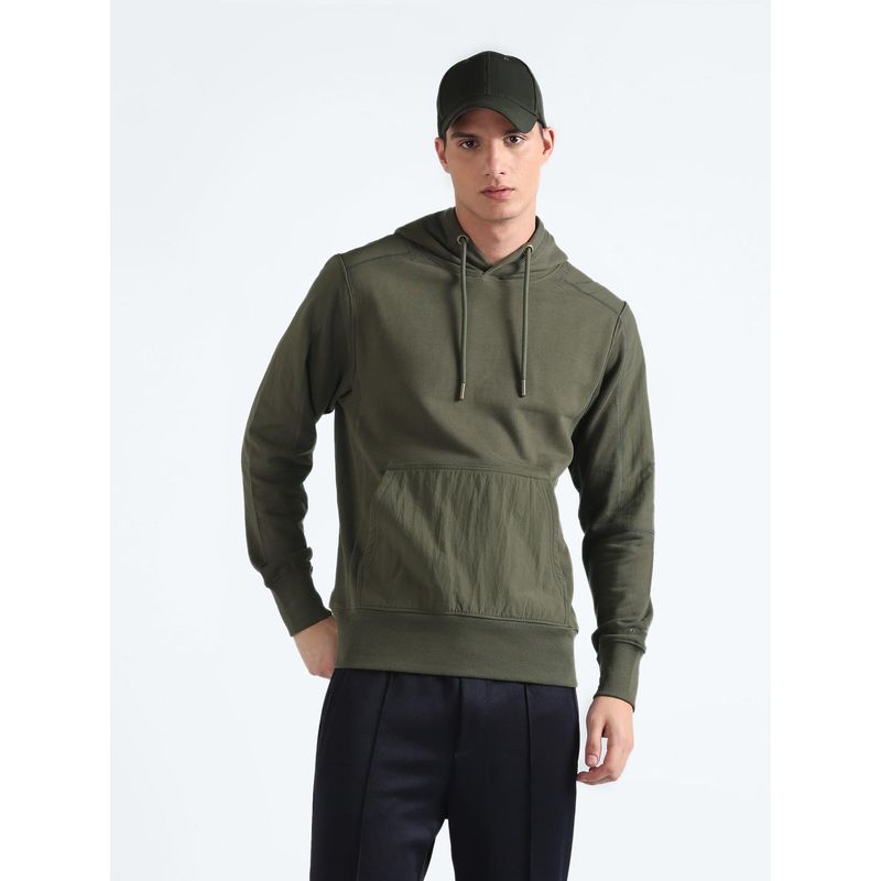 Flying Machine Solid Cotton Hooded Green Sweatshirt (L)