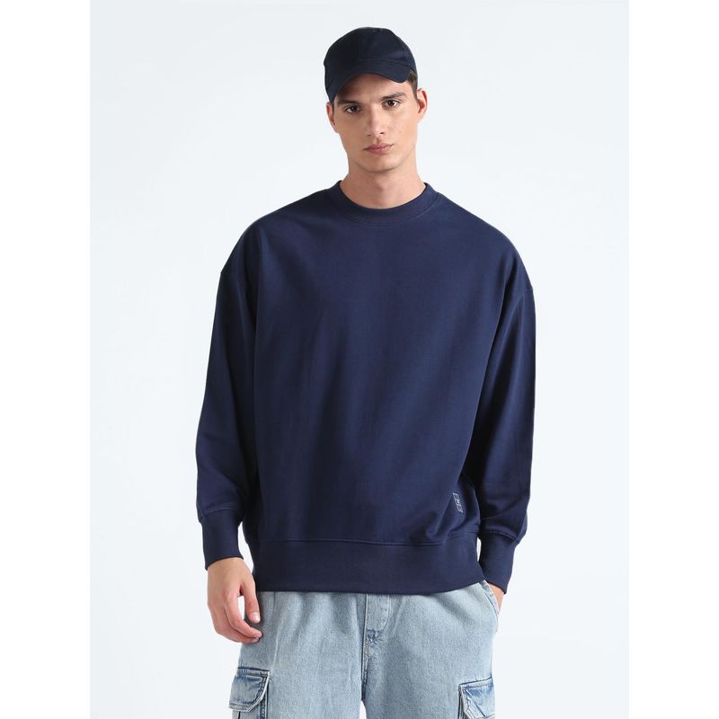 Flying Machine Crew Neck Oversized Navy Blue Sweatshirt (L)