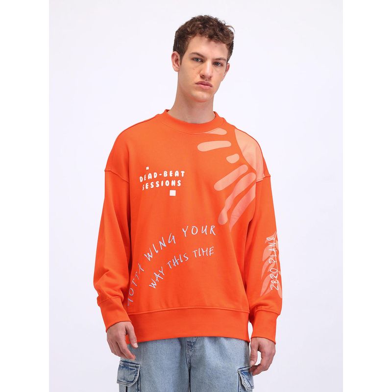 Flying Machine Oversized Fit Graphic Orange Sweatshirt (S)