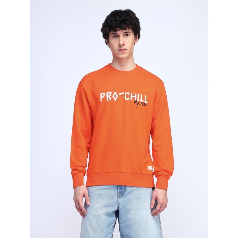 Flying Machine Relaxed Fit Printed Orange Sweatshirt (S)