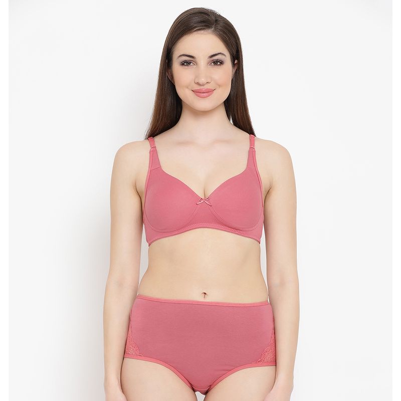 Clovia Non-Padded Non-Wired Bra With Double Layered Cups And Hipster Panty - Pink (34C)