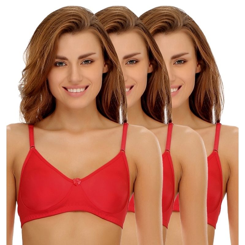Clovia Pack of 3 Cotton Rich Non-Padded Wirefree T-shirt Bra in Multicolor - Red (32B)