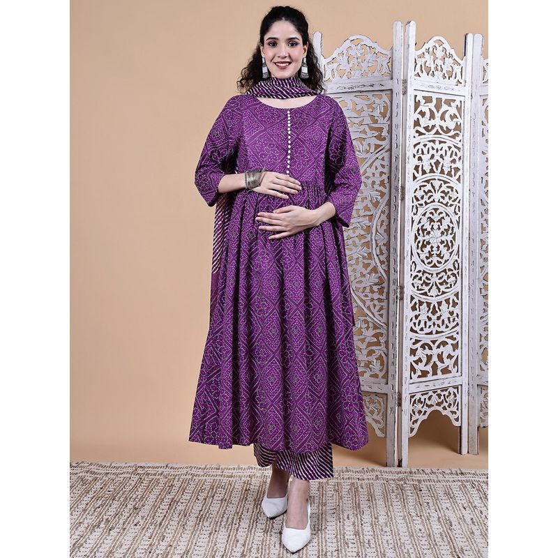Secret Wish Purple Bandhani Cotton Maternity Kurta with Pant & Dupatta (M)
