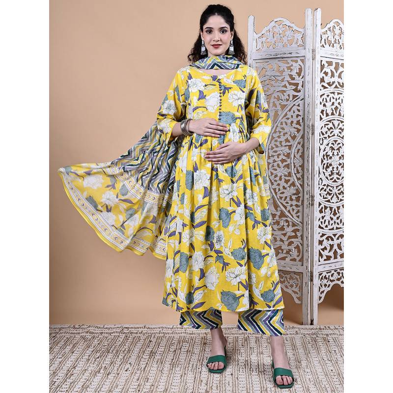 Secret Wish Yellow Floral Cotton Maternity Kurta with Pant & Dupatta (M)