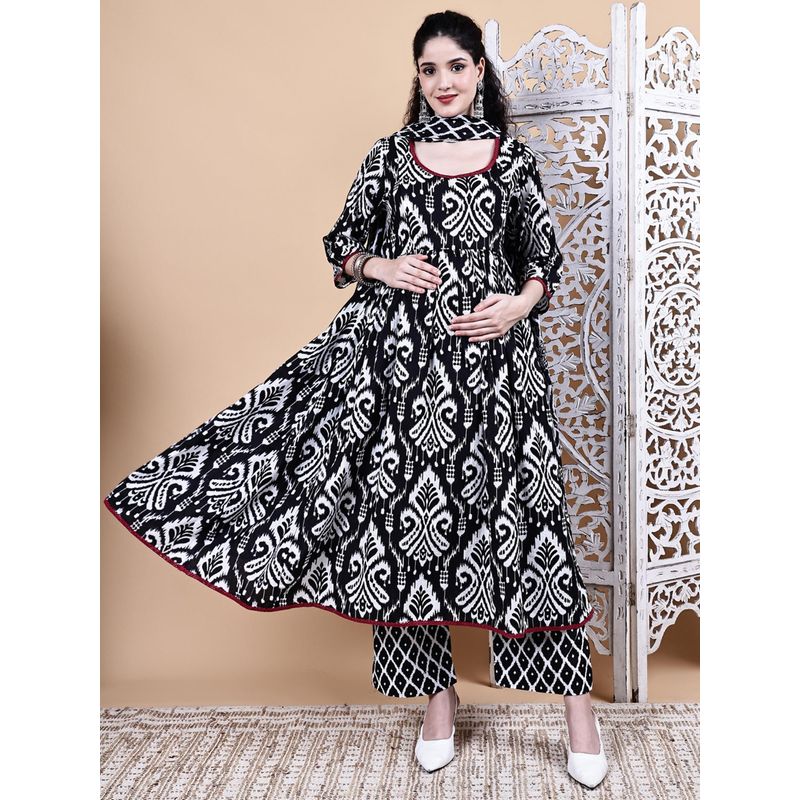 Secret Wish Black Ikkat Cotton Maternity Kurta with Pant & Dupatta (M)