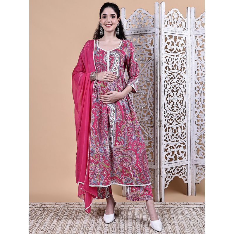 Secret Wish Pink Paisley Cotton Maternity Kurta with Pant & Dupatta (M)