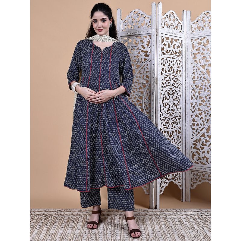 Secret Wish Navy Blue Floral Cotton Maternity Kurta with Pant & Dupatta (M)