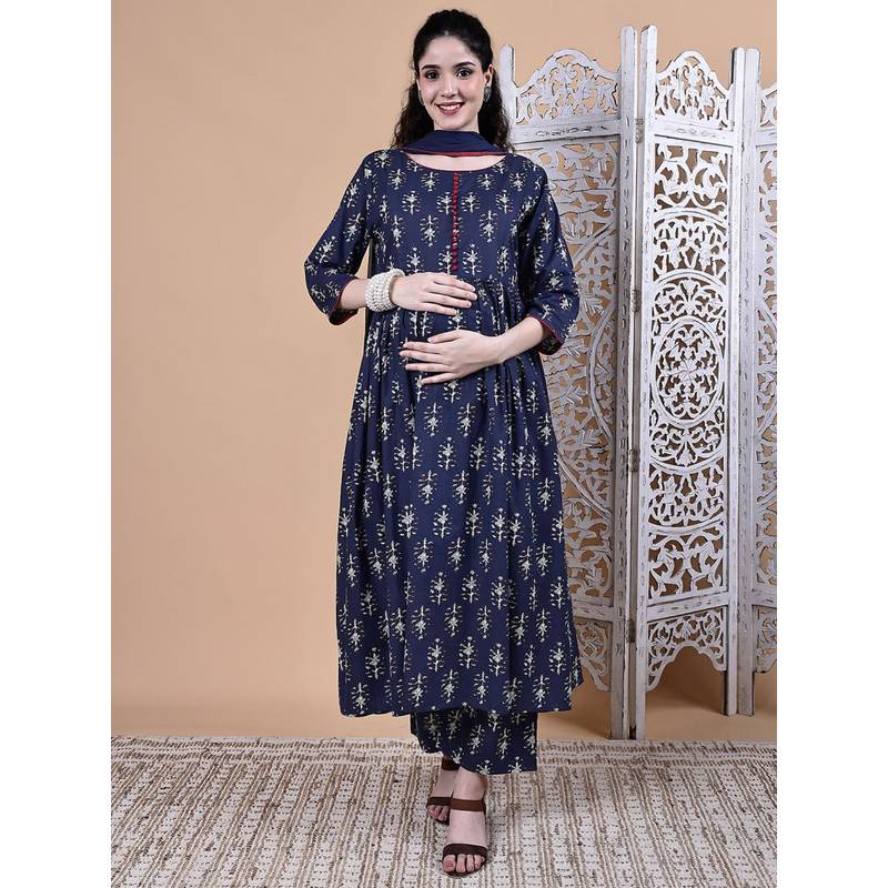 Secret Wish Navy Blue Ikkat Floral Print Cotton Maternity Kurta with Pant & Dupatta (2XL)