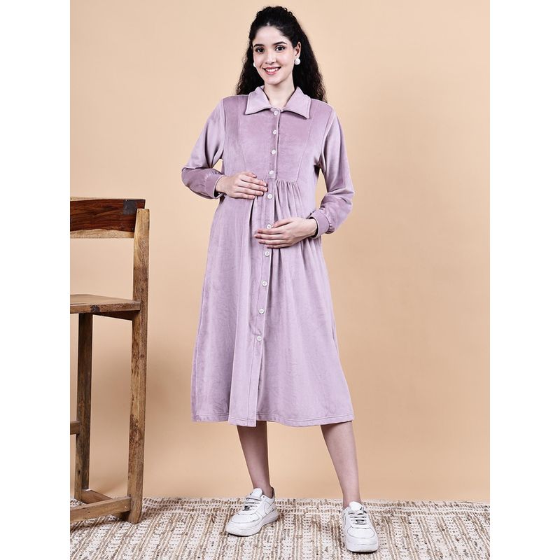 Secret Wish Pink Solid Velvet Winter Maternity Midi Dress (XL)
