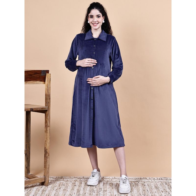 Secret Wish Blue Solid Velvet Winter Maternity Midi Dress (XL)