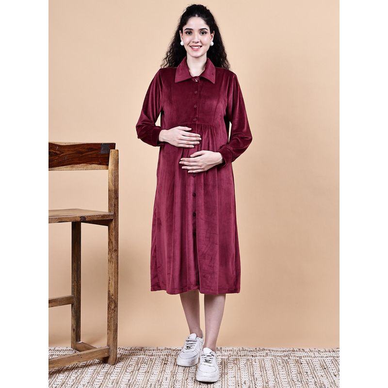 Secret Wish Maroon Solid Velvet Winter Maternity Midi Dress (2XL)