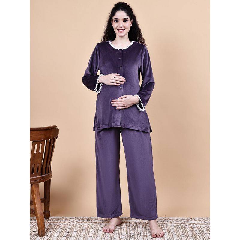 Secret Wish Purple Solid Velvet Winter Maternity Shirt & Pant Night Suit (M)