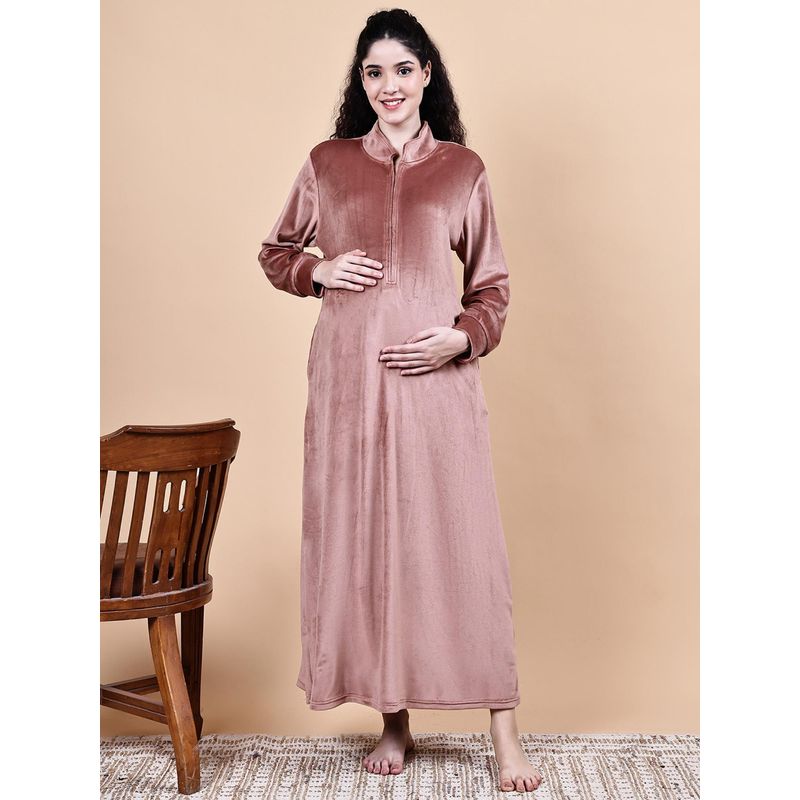 Secret Wish Pink Solid Velvet Winter Maternity Nighty (M)