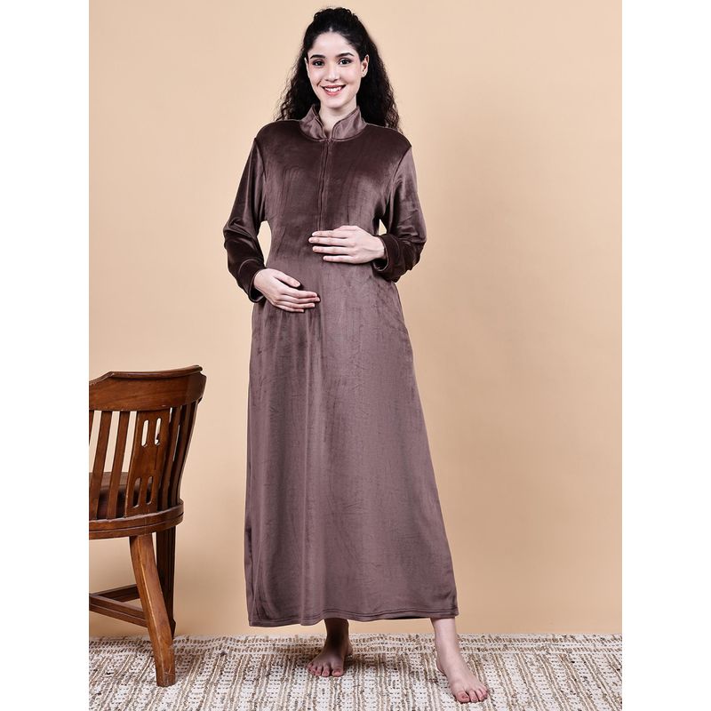 Secret Wish Brown Solid Velvet Winter Maternity Nighty (M)