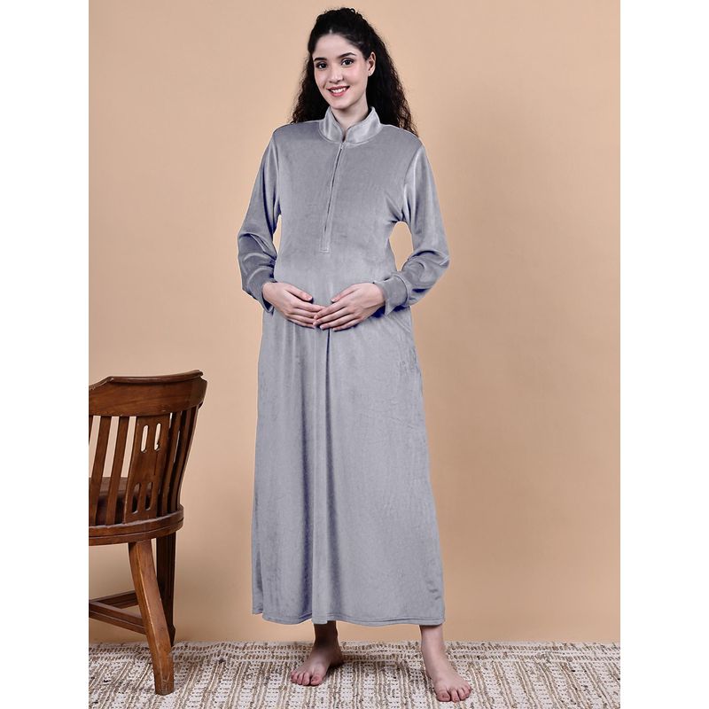 Secret Wish Silver Solid Velvet Winter Maternity Nighty (M)
