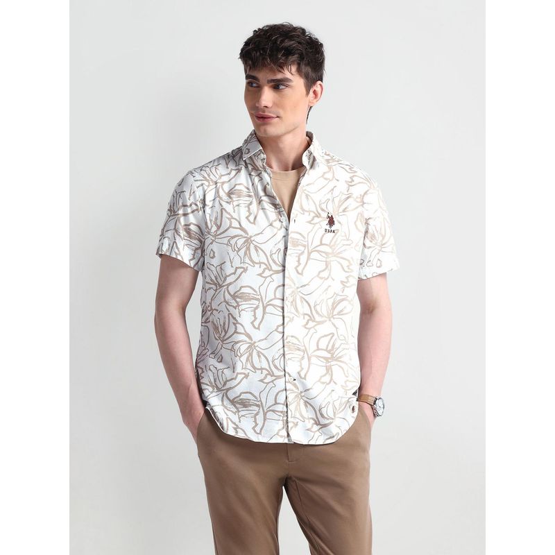 U.S. POLO ASSN. Slim Fit Floral Off White Casual Shirt (42)