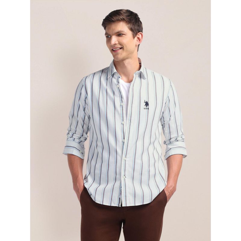 U.S. POLO ASSN. Pure Cotton Stripes Blue Casual Shirt (39)