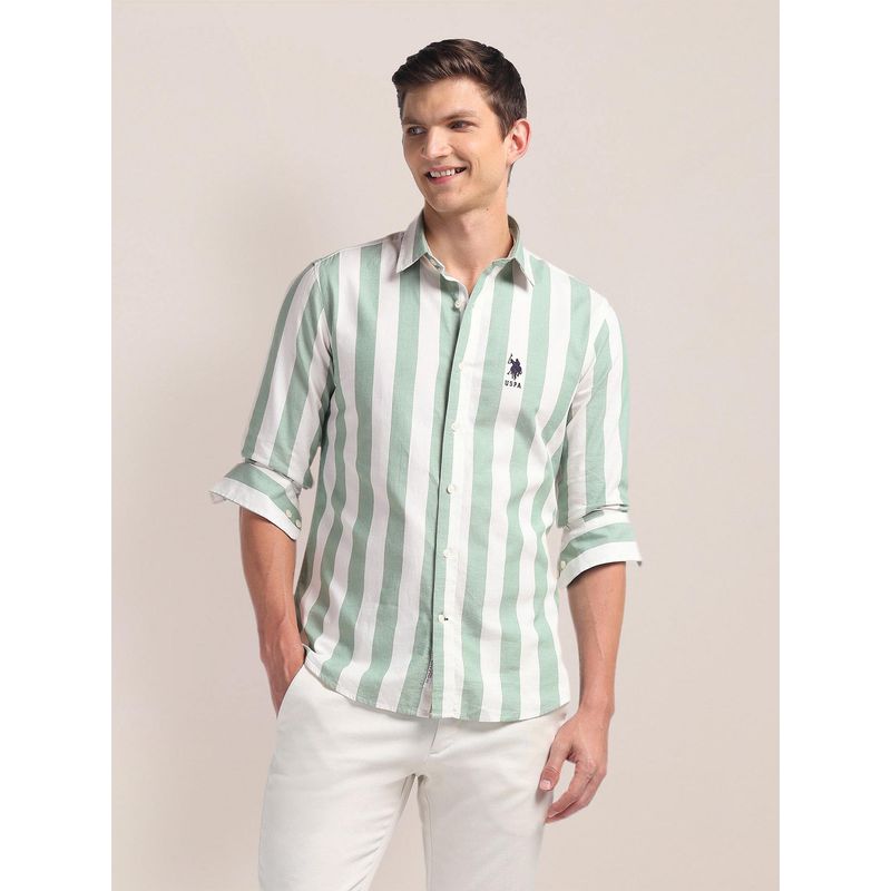 U.S. POLO ASSN. Pure Cotton Stripes Green Casual Shirt (40)