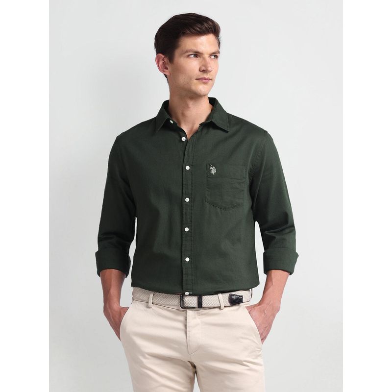 U.S. POLO ASSN. Tailored Fit Pure Cotton Green Casual Shirt (48)