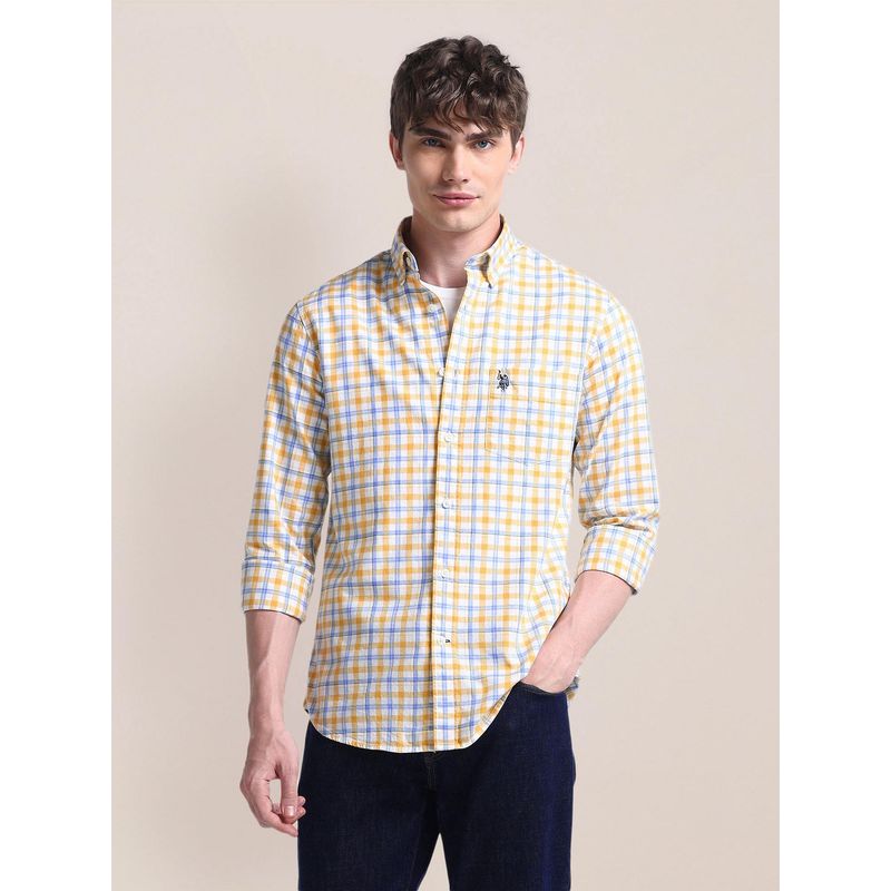 U.S. POLO ASSN. Collar Neck Cotton Yellow Casual Shirt (44)