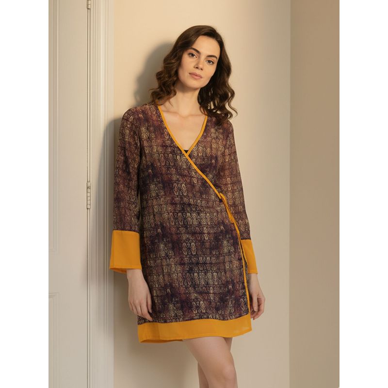 AOBA Women Purple & Cream-Coloured Printed Knee Length Sheer Robe (S)