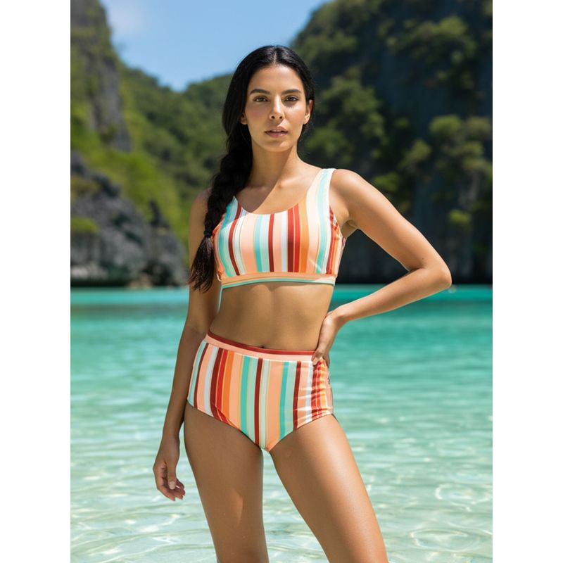 AOBA Women Multi-Color Striped Bikini Top with Panty (Set of 2) (S)