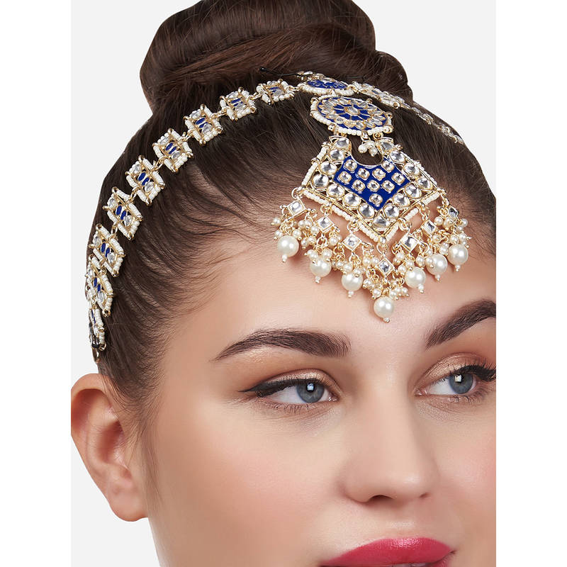 Maangtikka En Plaqué Or Blanc Avec Kundan Et Perles – Bijou De Tête Style Matha, Neuf Avec étiquette