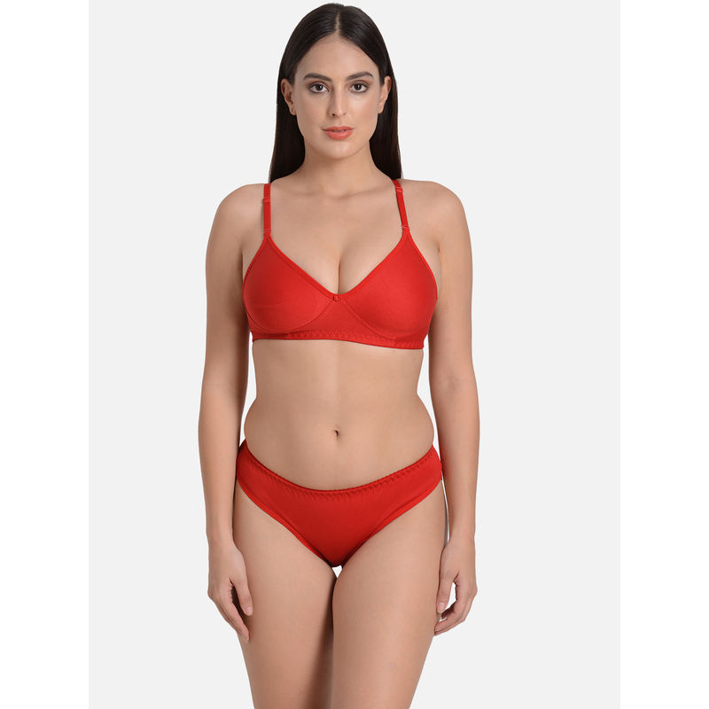 Mod & Shy Solid Full Coverage Bra Panty Set - Red (40B)