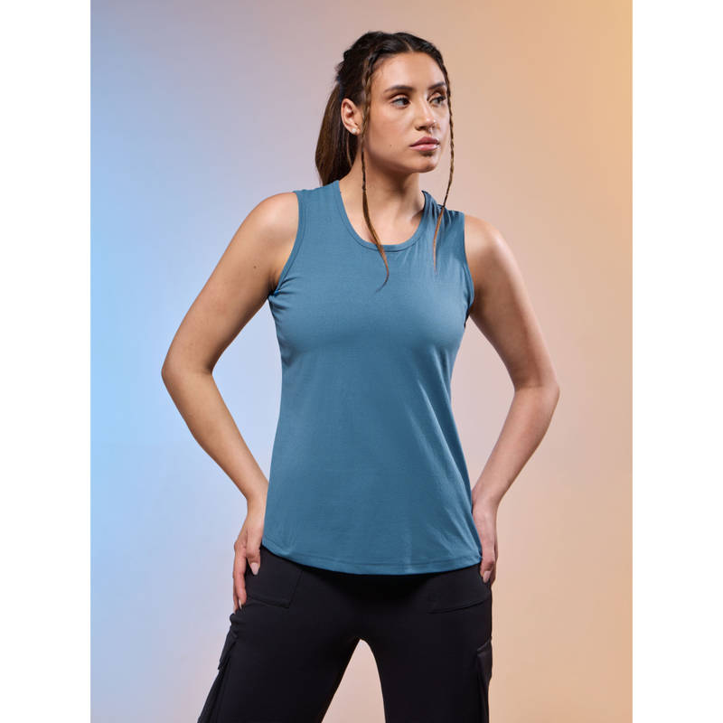 Technosport Women Blue Solid Slim Fit Round Neck Tank Top with Cotflex (2XL)